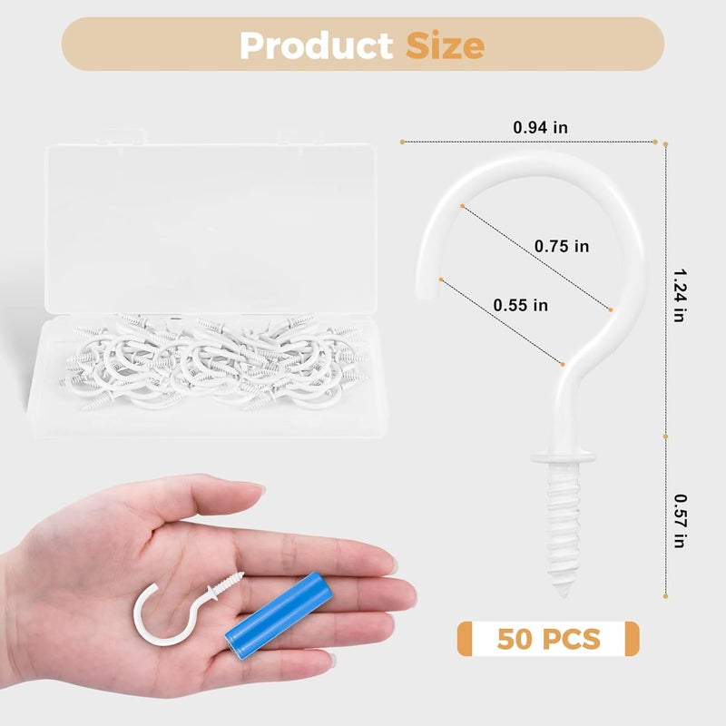 RELBRO Screw Hooks, 1-1/4 Inch Metal Screw in Cup Hooks, White, 50 Pcs - Image 3